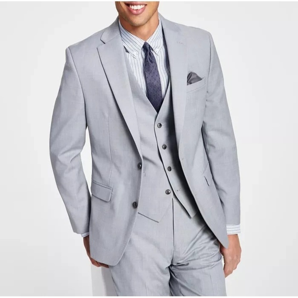 Bar III Men's Slim-Fit Wool Sharkskin Suit Jacket Light Grey Size 36S